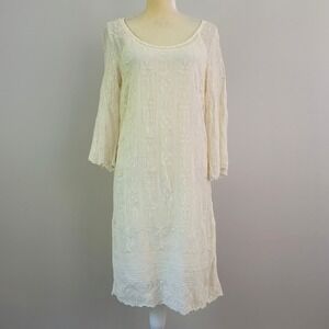 LUCKY BRAND Size Medium Ivory Embroidered 3/4 Sleeve Keyhole Neck Boho Dress